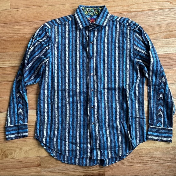 ROBERT GRAHAM Cotton Blue Jacquard Stripe Long-Sleeved Flip Cuff Dress Shirt XL - Picture 1 of 9